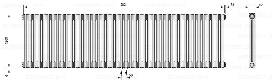 Схема (чертеж) Радиатор Zehnder Charleston 2120/44 №3470 Белый глянцевый RAL 9016